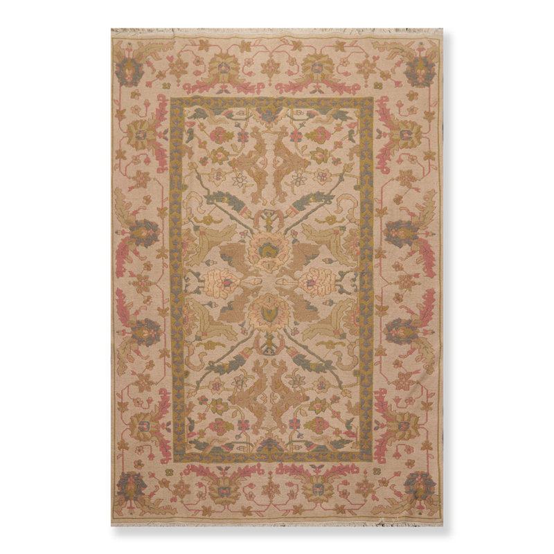 Tapis unique en laine noué à la main brun clair / vert 5 pi 9 po x 8 pi 9 po Demee