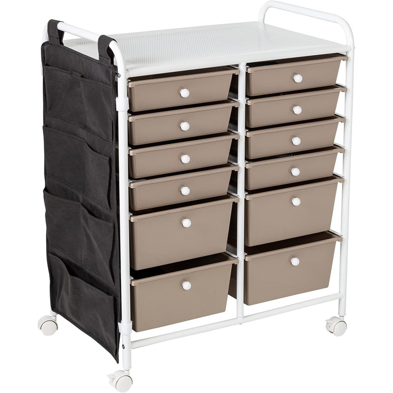 12-Drawer Rolling Storage Cart With Side Pockets And Locking Wheels, Steel Tabletop For Craft Organization