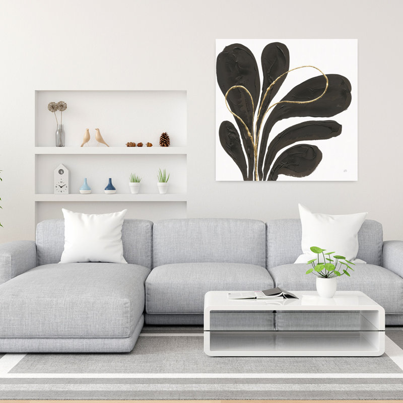 Mod moderne feuilles iv avec art crème noir, H 36 po x l 36 po