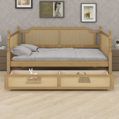 Lit de jour en rotin de style traditionnel avec 2 tiroirs de rangement, idéal pour les petits espaces et les chambres d'amis