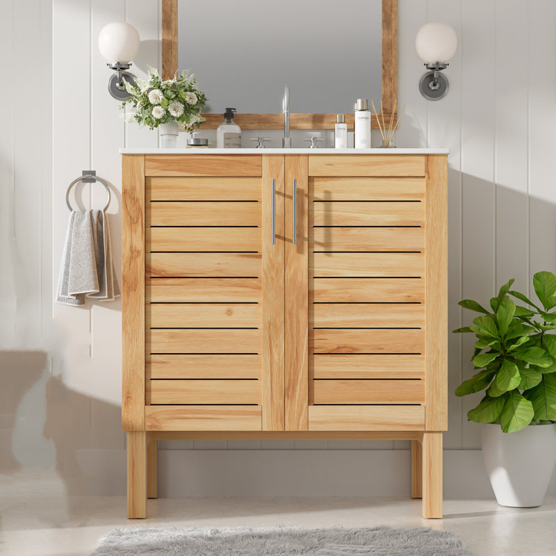 Meuble-lavabo autoportant de 30 pouces avec lavabo en céramique, meuble-lavabo moderne Mid-Century, brun naturel