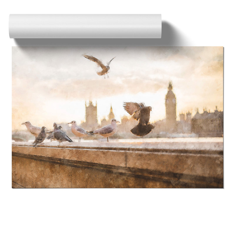 Pigeons by the Houses of Parliament Painting - Frameless Print, 42cm H x 59cm W x 0.1cm D