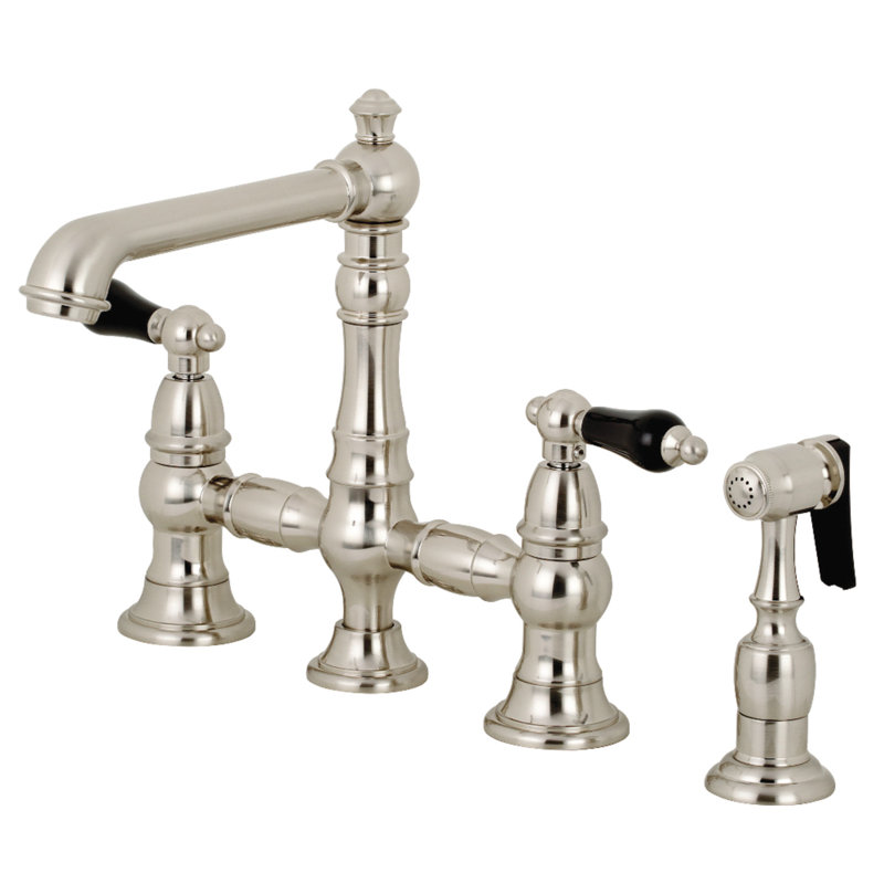 Kingston Brass Duchess Two-Handle 4-Hole Deck Mount Bridge Kitchen Faucet with Brass Side Sprayer, Brushed Nickel