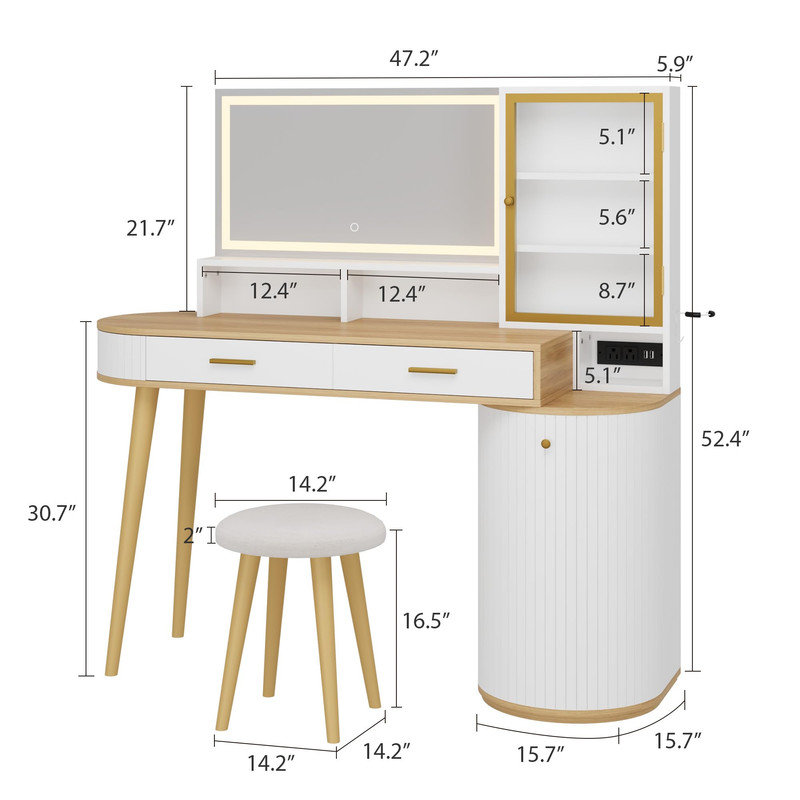 Bureau de coiffeuse 47,2 "avec miroir lumineux, tiroir de rangement et armoire, station de charge et tabouret - Table de maquillage moderne pour chambre à coucher