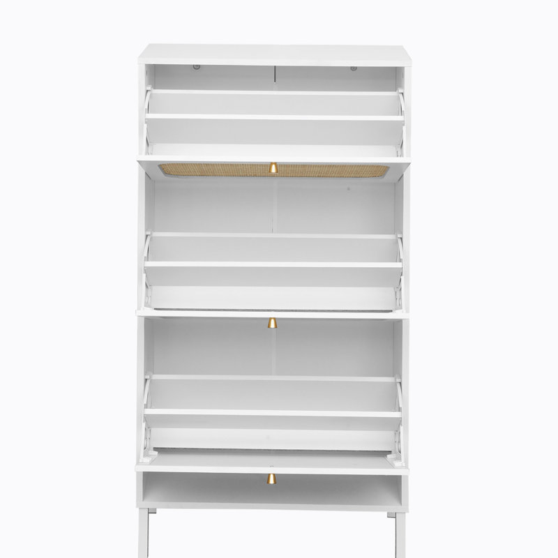 Shoe Cabinet Storage for Entryway Rattan with 6 Flip Drawers Hidden Shoe Rack Cabinet, White Wood