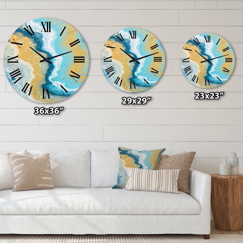 Composition abstraite de marbre jaune et bleu III - horloge murale moderne, Moyenne