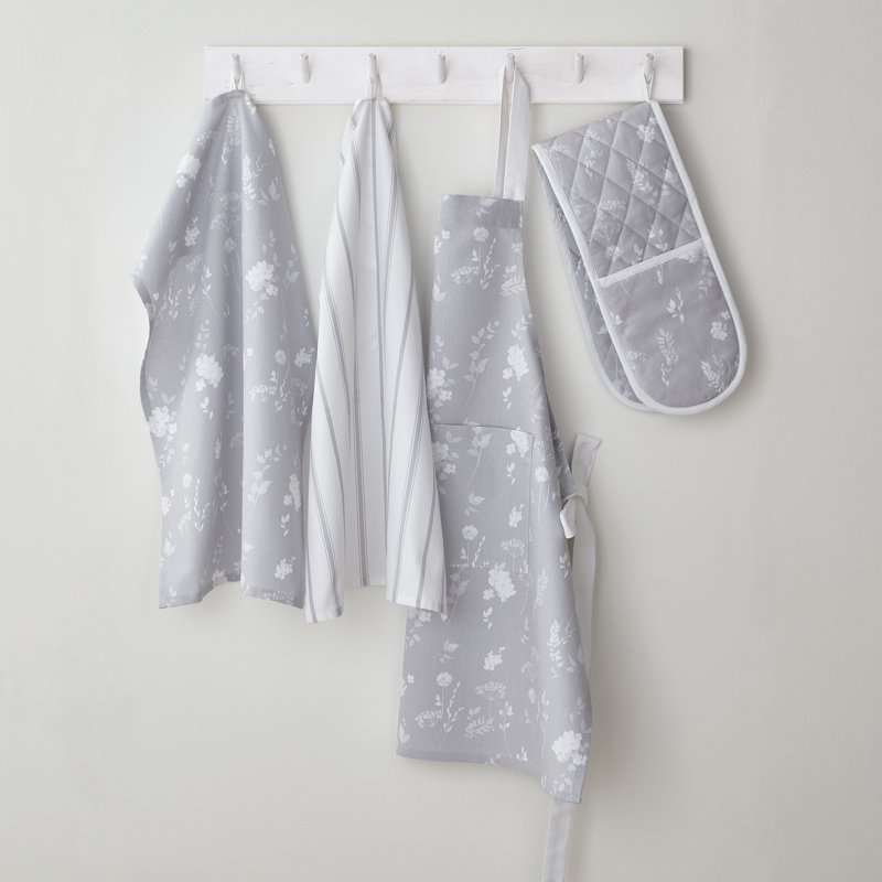 Meadowsweet Floral Cotton Double Oven Glove Grey, White/Gray