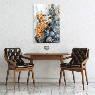 Playful Christmas Kitten Abstract Contemporary Cat Landscape Nature Wall Art Print 1 Piece Wrapped Canvas Wall Art