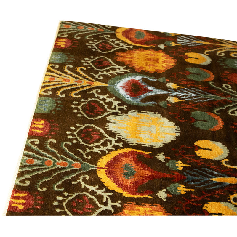 Tapis jaune / vert / rouge noué à la main de qualité unique en son genre