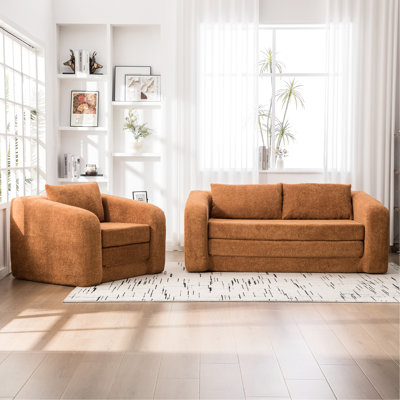 Méridienne pliable 2 pièces en orange, chenille en goutte d'eau douce, utilisation multifonctionnelle et fond antidérapant pour chambre d'amis Lit orange à 3 places avec fonction convertible, tissu, coussins inclus