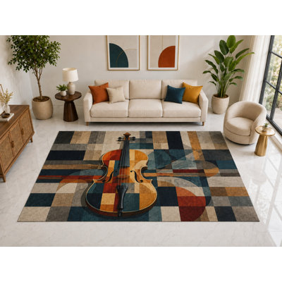 Tapis « Ultra Fin » Grand Format 200 x 300 cm, motif violon, doux et à poils courts, dos antidérapant en silicone pour salon, bleu