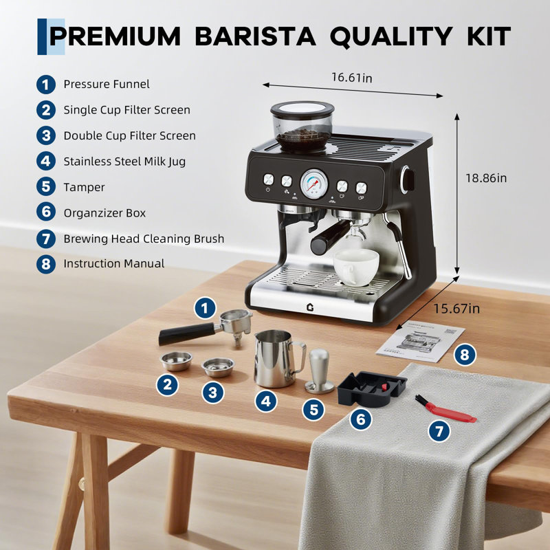 Stainless Steel Espresso Machine with Grinder & 20 Bar Pressure, 2.8L Removable Water Tank, Milk Frother Steam Wand for Latte/Cappuccino - Adjustable Shot Volume, Professional Home/Office Use