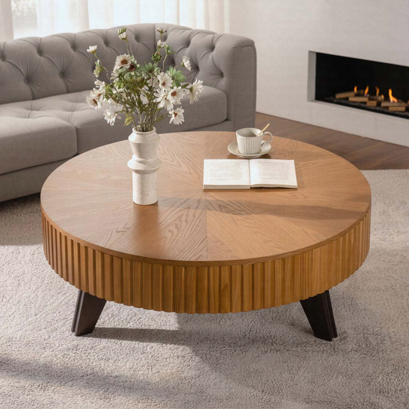 Table basse ronde rétro de 39,37 po avec tablette de rangement ouverte pour le salon, le bureau et la réception, Naturel
