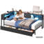 Lit de coin double avec rangement, éclairage DEL et station de recharge, cadre de lit double en forme de L avec tête de lit et tiroirs de rangement, lit plateforme en métal avec bibliothèque pour chambres à coucher