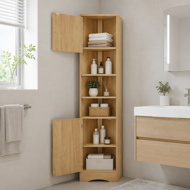 Meuble de salle de bain multifonctionnel de rangement de coin avec étagères ajustables