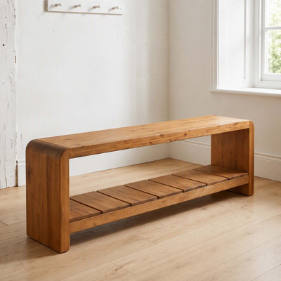 Rustic Solid‑Wood Entryway Shoe Bench with Lower Slatted Storage Shelf, 59.06 Inch Multi‑Purpose Bench for Foyer, Bedroom, Living Room