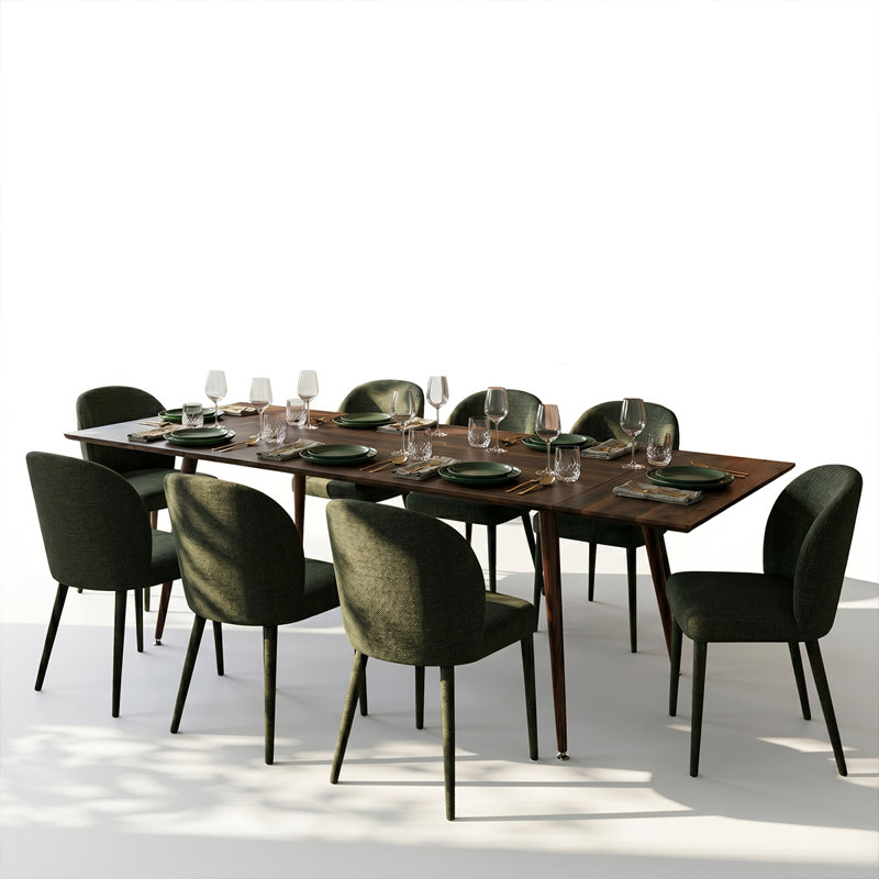 9 Piece Modern Extendable Dining Table Set with Upholstered Chairs, Green