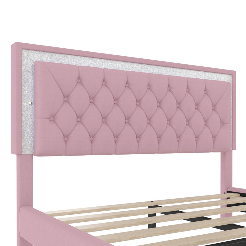 Grand cadre de lit tapissier grand avec lumières DEL, lit plateforme moderne en velours avec tête de lit capitonnée, rose