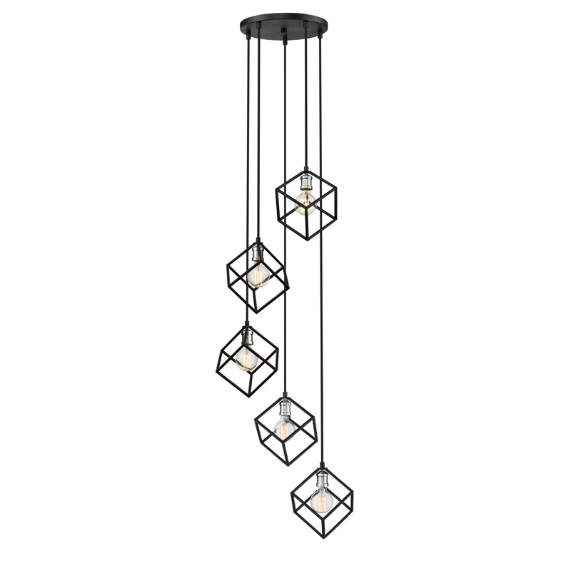 Luminaire suspendu géométrique à 5 lumières Menara, Noir mat / nickel brossé