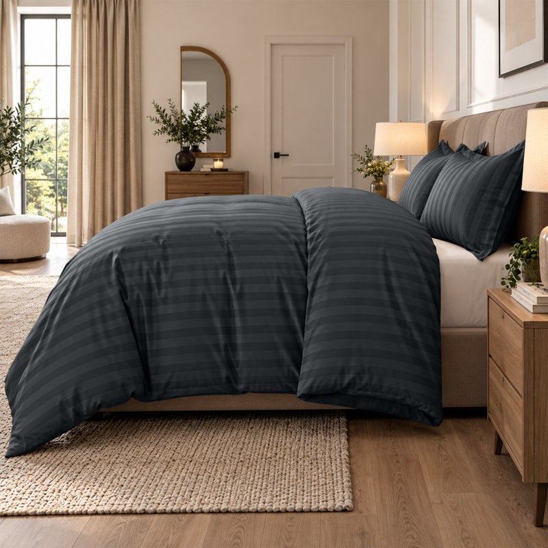 Microfiber Striped Duvet Cover Set with Pillowcases Included, Kingsize Duvet Cover Set + 2 Pillowcases, Charcoal