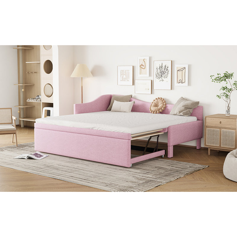 Lit de jour simple tapissier en L rembourré avec couchette escamotable, rose, Rose