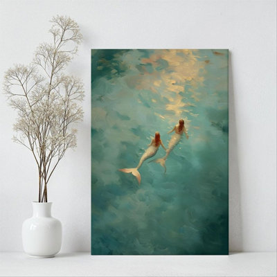 1Pc Framed Canvas Poster Print Mermaid, Ocean Fantasy, Impressionist Oil Painting Style Wall Art Decor, Perfect for Room Decor Living Room Bedroom Office Kitchen Bathroom Home Decor, Ideal Home Wall Decoration Gift, 2D Flat