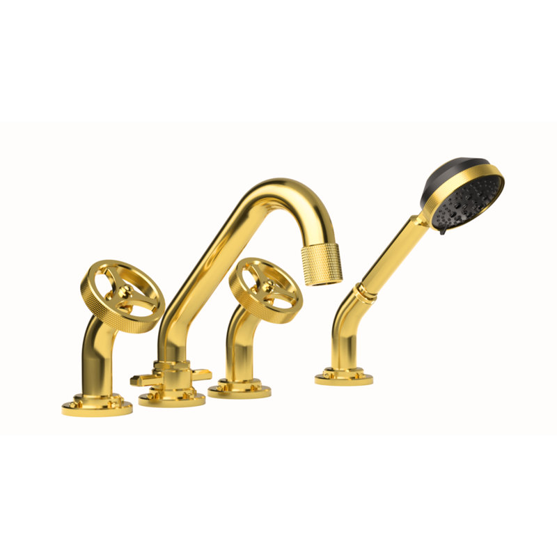 Argonaut Deck Mount Tub Filler w/ Hand Shower, Unlacquered Polished Brass