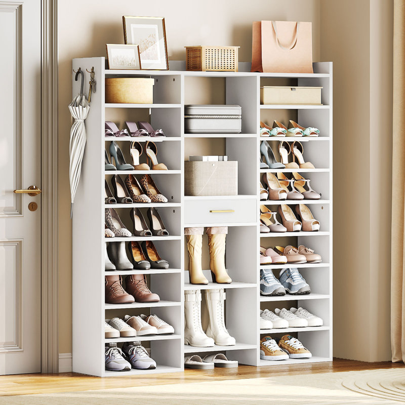 Grande armoire à chaussures avec casiers et tiroir en tissu pour 36 à 44 paires de chaussures, Blanc