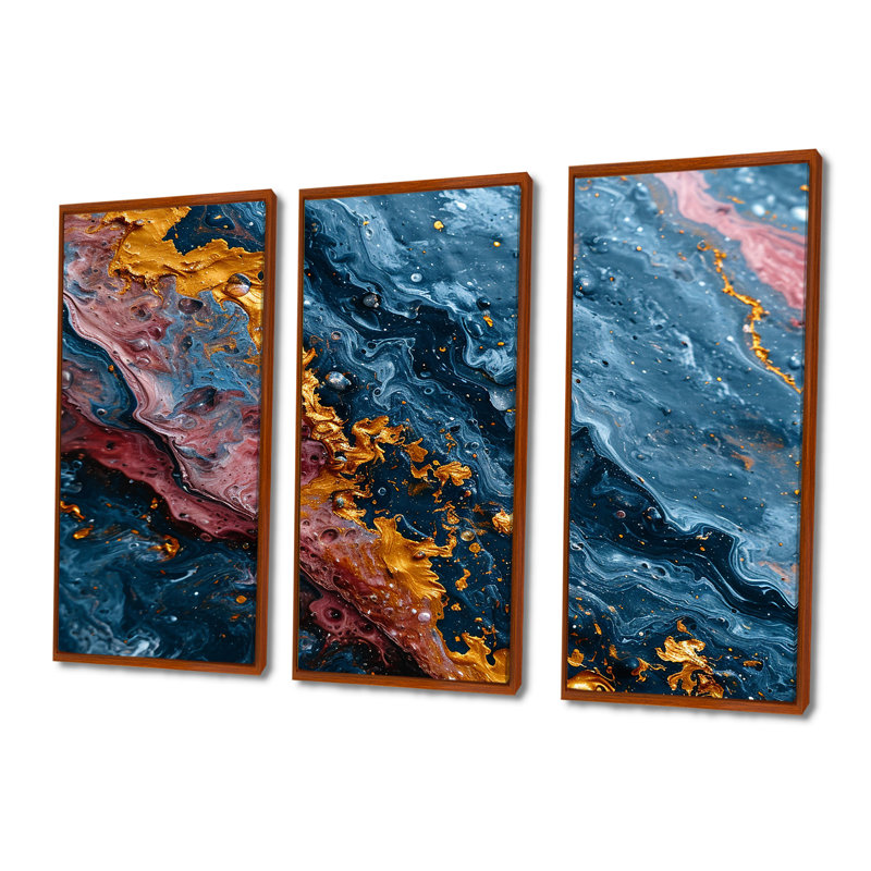Deep Blue Ocean Sunshine - ensemble d'impression d'art mural en marbre, H 28 po x l 36 po x P 1 po, Cadre flottant brun