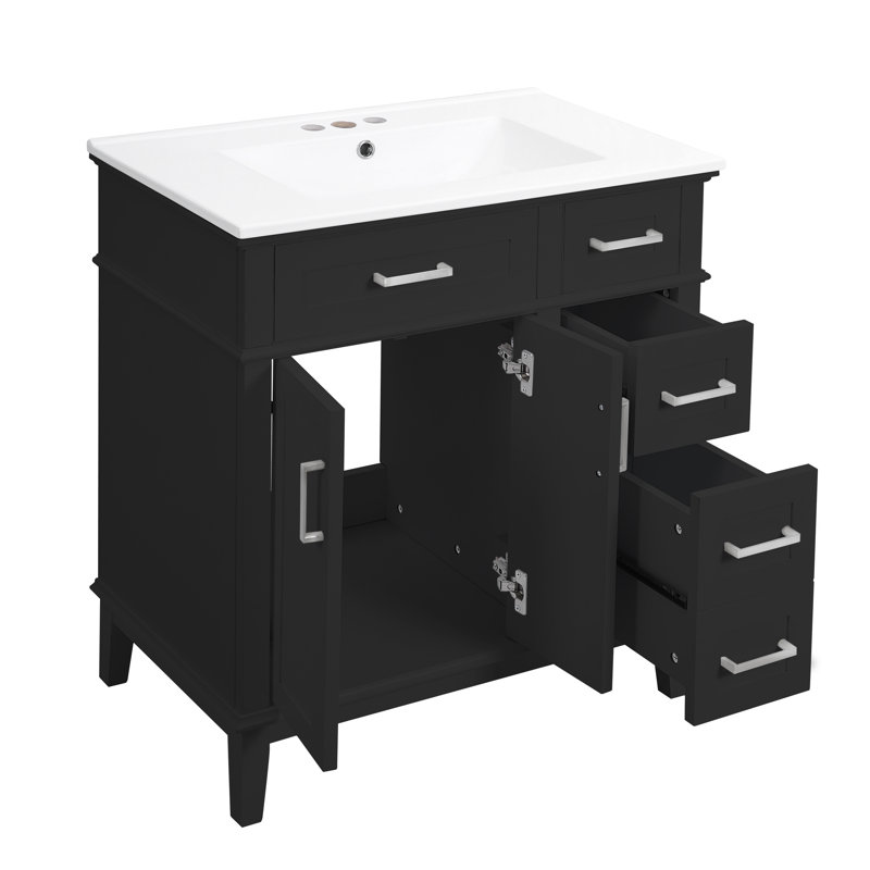 30" Bathroom Vanity With Ceramic Top, Cabinet And Drawers, Black