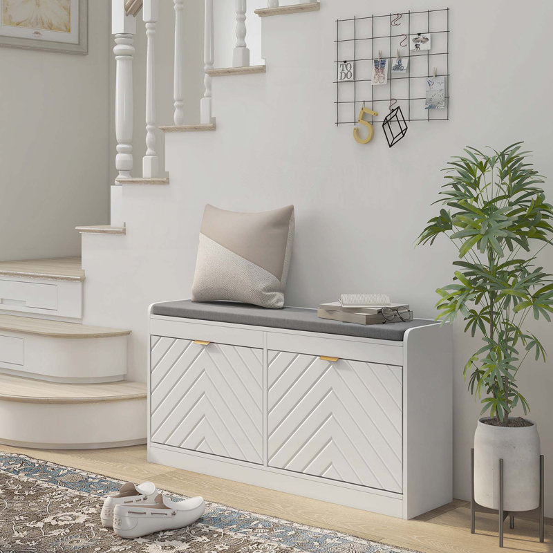 Shoe Bench, Entryway Bench with 2 Flip Drawers, Seating Cushion