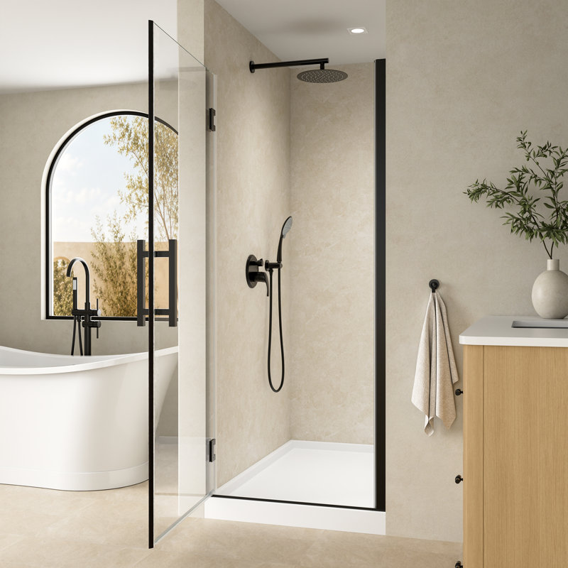 Porte de douche à charnière sans cadre de l 29 à 30 po x H 72 po avec verre trempé certifié SGCC, noir mat, Noir mat