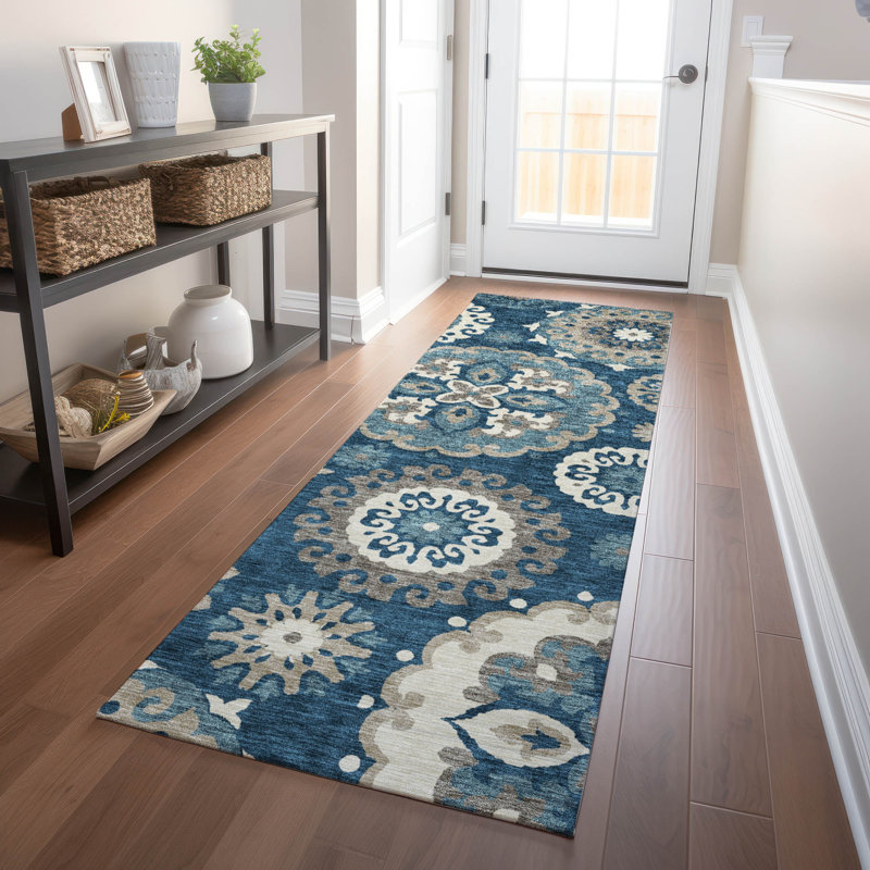 Premium Machine Washable Prisco Blue Rug, Runner 2'3" x 7'6"