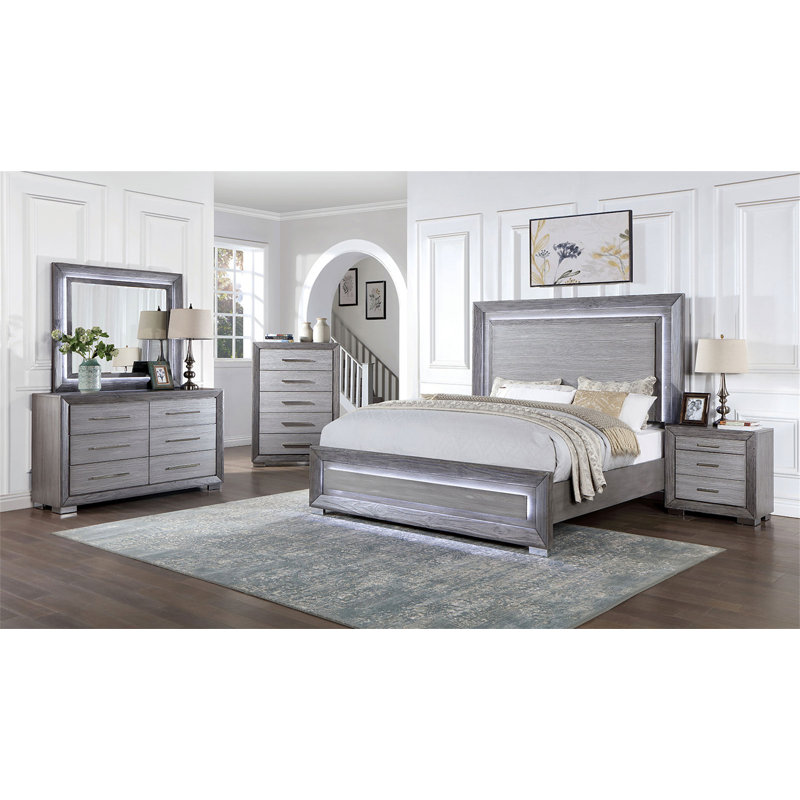 1pc Commode de style transitionnel, pieds en métal, glissières à billes, poignées de bar, finition grise