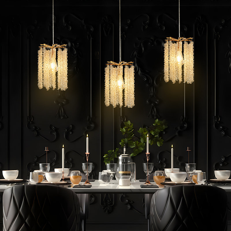 Lustre en cristal doré 3 pièces de luxe - Design moderne perlé en cascade