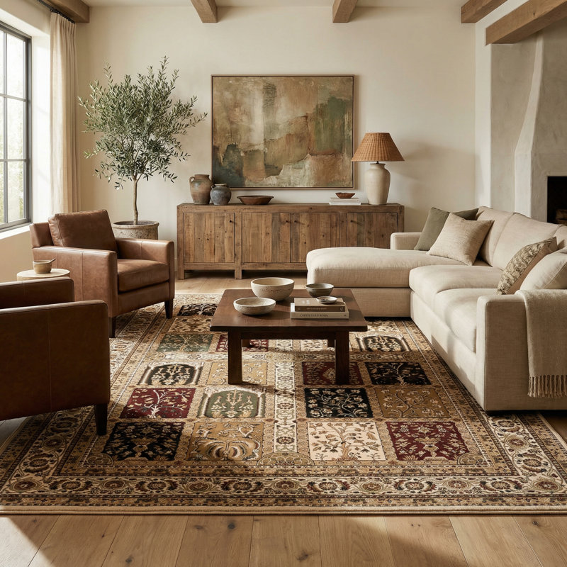 Rug Branch Jinan 4' x 6' (3'9" x 5'6") Beige/Red Persian Garden Indoor Area Rug, Traditional, Low Pile, Stain-Resistant Carpet - Living Room, Bedroom, Dining Room, and Kitchen