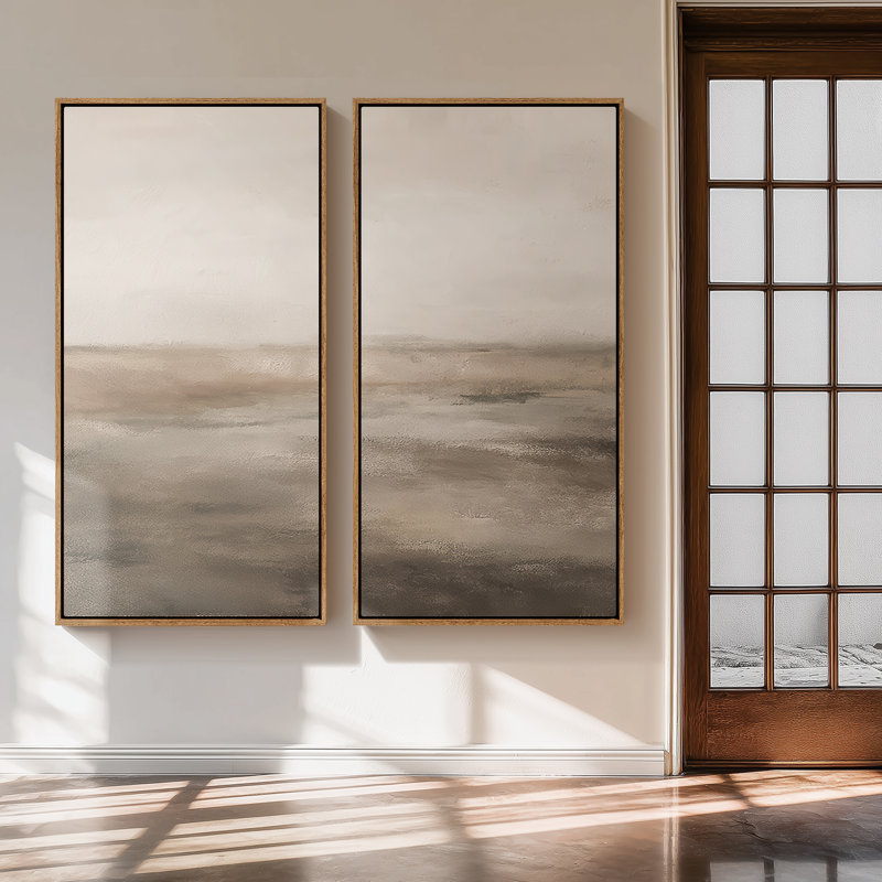 Calm Neutral Abstract Horizon - Set of 2 Framed Wall Art Print on Canvas 60"x30"x2pcs, Natural, 60" H x 30" W