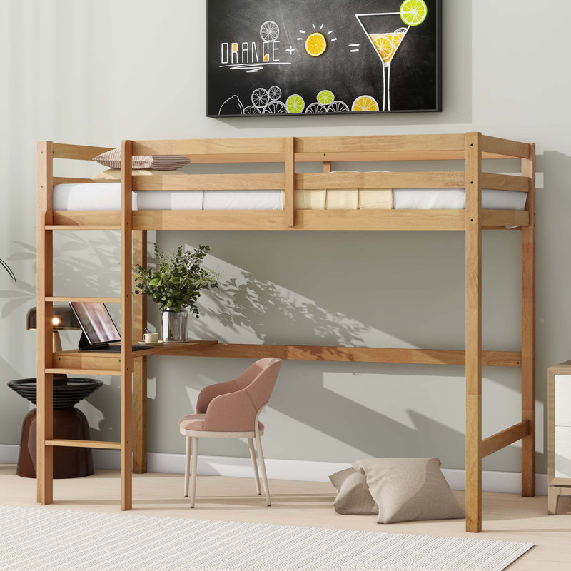 High Loft Bed, Rubber Wood Loft Bed with Safety Guardrail, built-in desk, ladder, White Oak