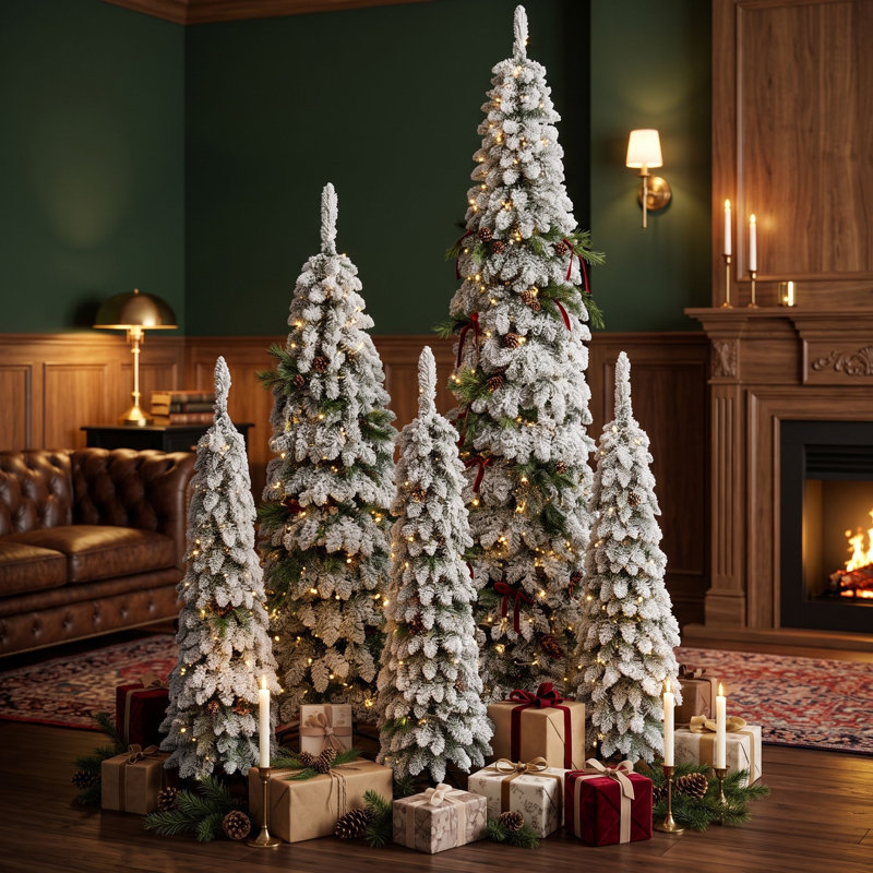 Ensemble de 5 sapins de Noël pré-illuminés en forme de crayon, en PVC effet neige, avec deux couleurs d'éclairage et 11 modes.