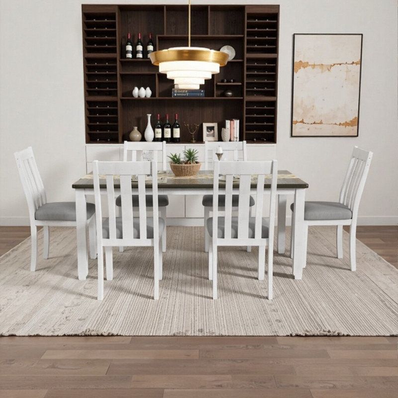 Ensemble de table de salle à manger extensible 7 pièces Retro avec 6 chaises rembourrées et un design en bois massif brun / blanc antique