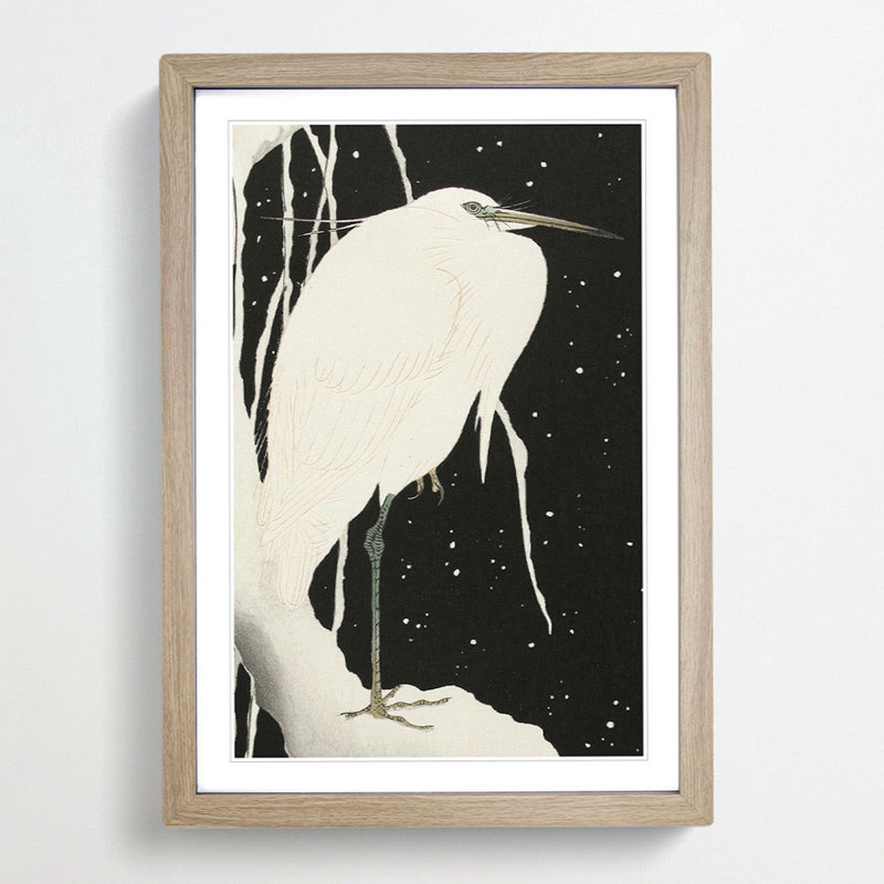 Heron in the Snow by Ohara Koson - Picture Frame Painting Print, Oak Framed, 36cm H x 27cm W x 2cm D