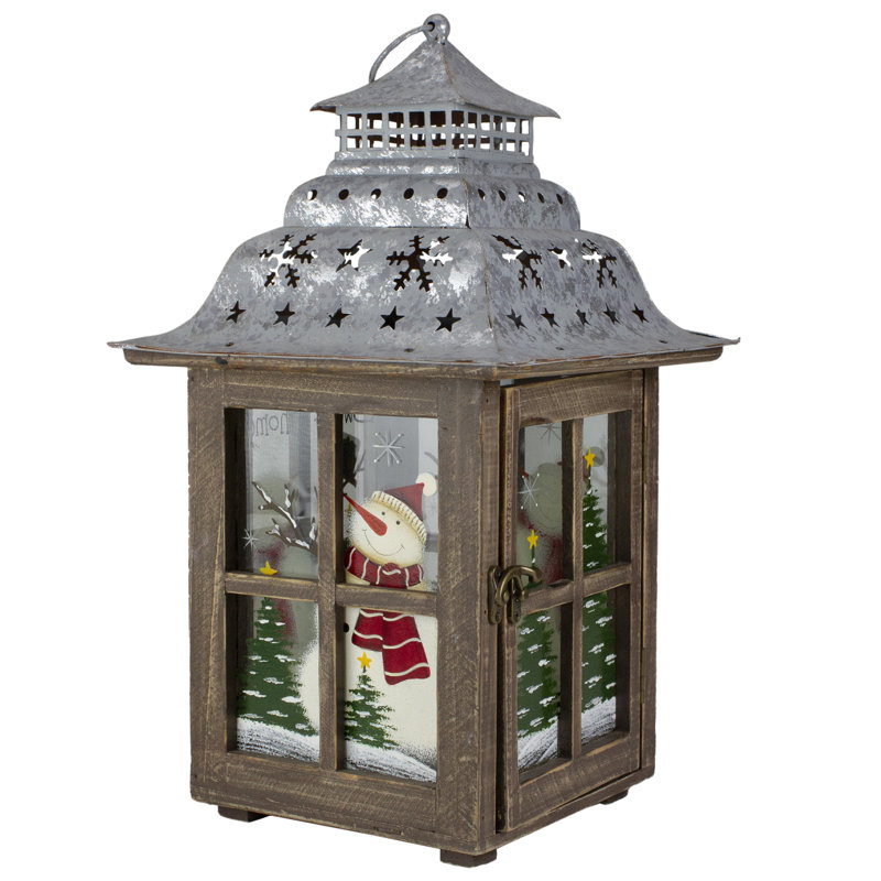 Rustic Wooden Snowman Christmas Lantern with Silver Roof, 16.5"