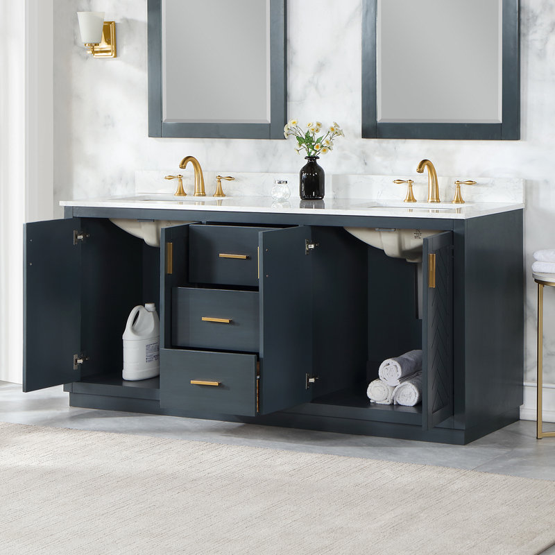 Ensemble de meuble-lavabo double 72 po avec comptoir en pierre d'ingénierie blanche sans miroir Gazsi, Bleu gris anthracite