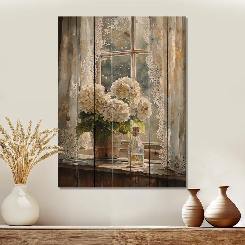 Hortensias de ferme et rideaux en dentelle II - décoration murale en bois d'hortensias - sur bois de pin naturel