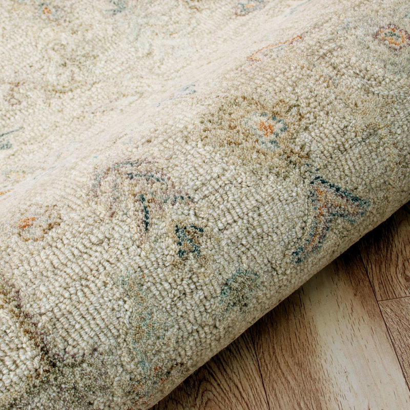 Cream/Blue Traditional Handmade Floral Wool Indoor Area Rug, Rectangle 9' x 12'