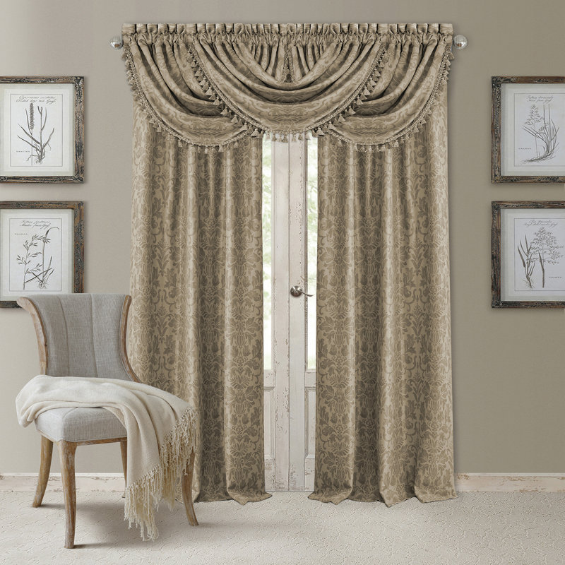 Alicia Damask Print Waterfall Tassel 52" Window Valance, Taupe