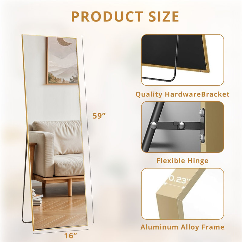 Miroir de plancher pleine longueur, Doré, 59 po x 16 po