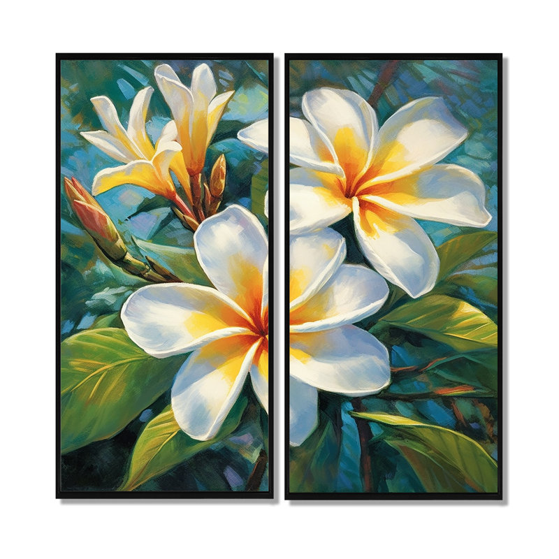 «White Plumeria Symphony Magic - Large Plumeria», art mural, H 40 po x l 40 po, Noir, Impression encadrée flottante