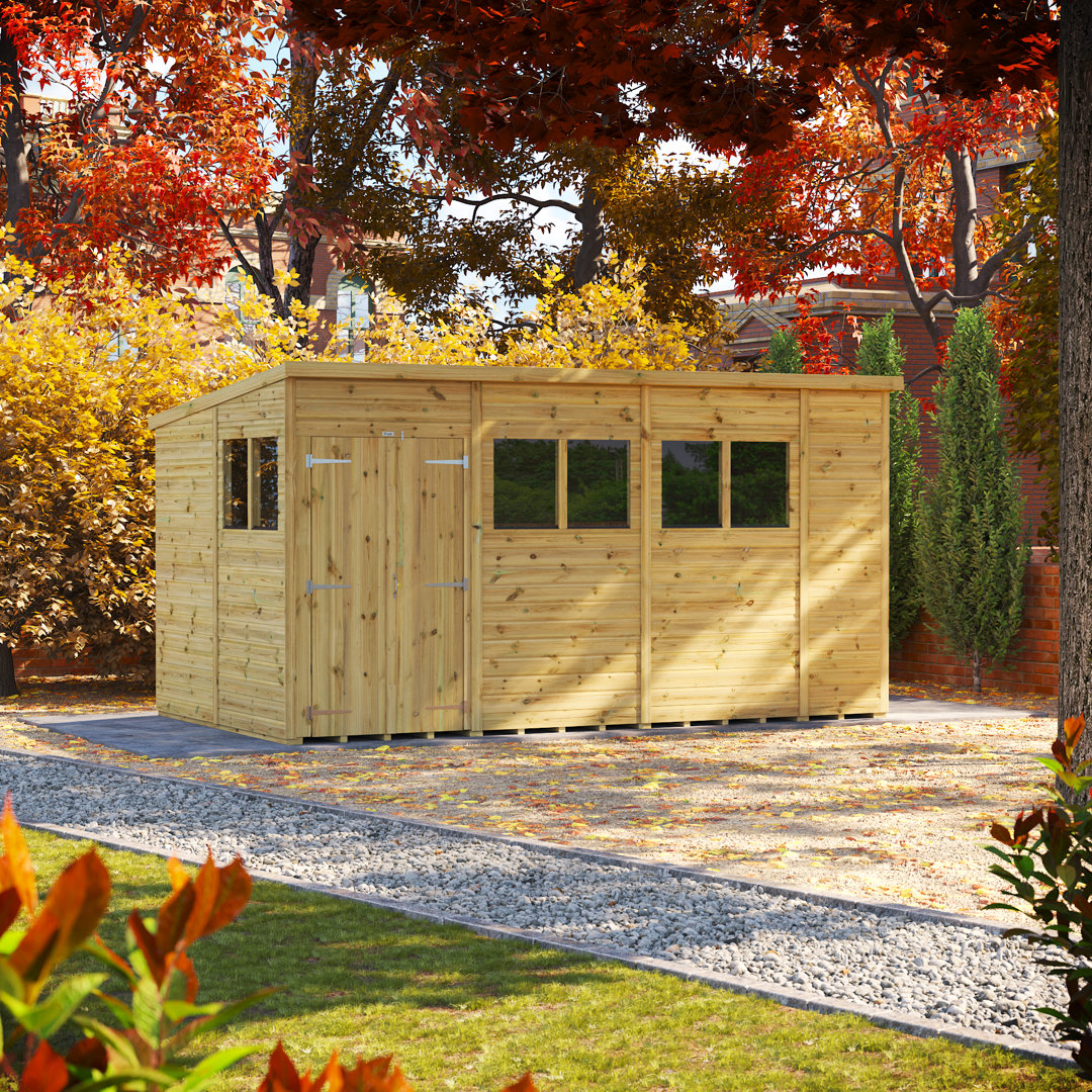 Powersheds 14 x 8ft Premium Pressure Treated Timber Pent Garden Shed, Double Doors