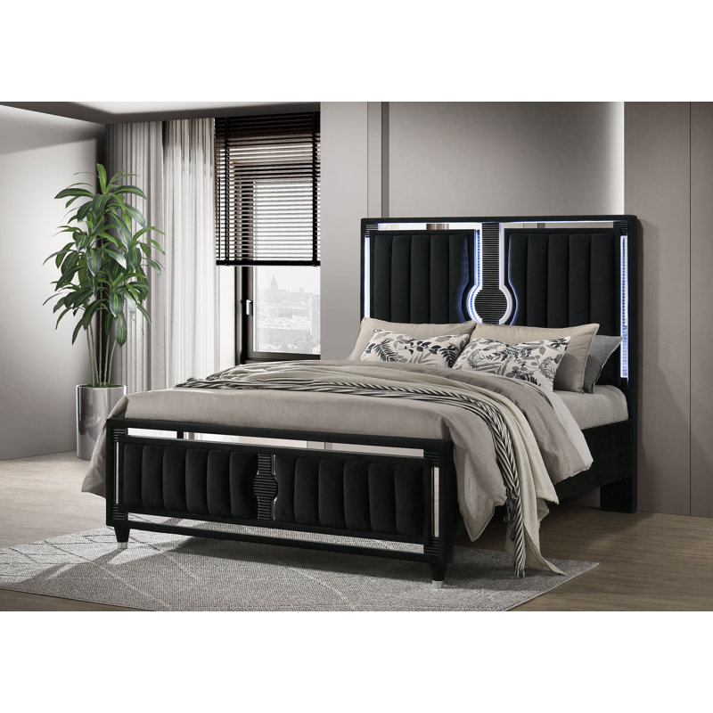 Ravenne Velvet Upholstered Queen LED Panel Bed Black, Queen